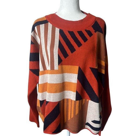NWT SKFK Karle Organic Cotton Orange Blue Gold Print Knit Sweater - Picture 6 of 12